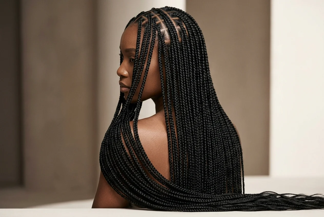 Femme noire portant des knotless braids de longueur moyenne avec des racines naturelles.
