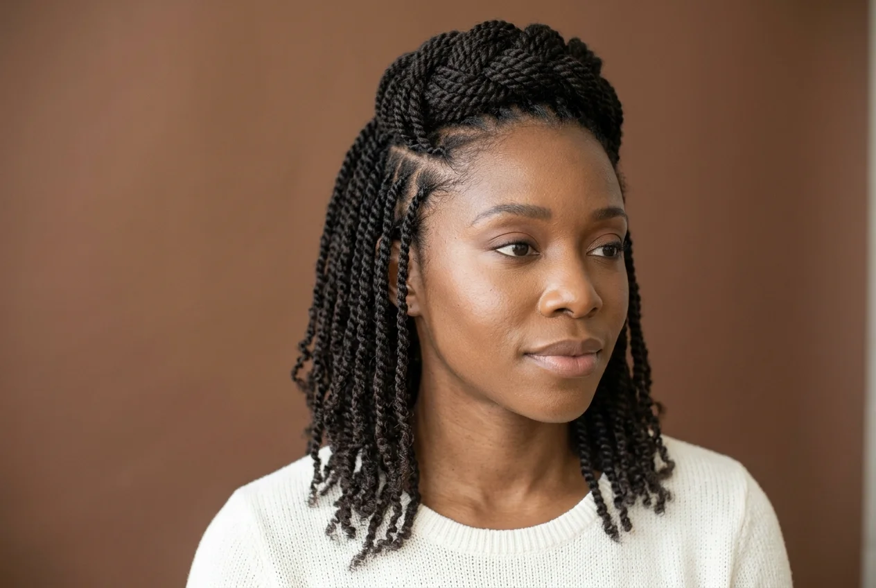 Femme noire portant des mini-twists réalisés sur ses cheveux crépus naturels, sans rajouts.