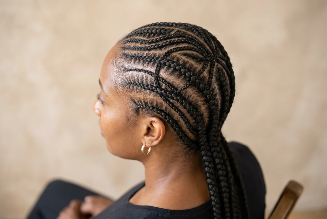 Femme noire portant des cornrows, des tresses plaquées au cuir chevelu selon un motif régulier.