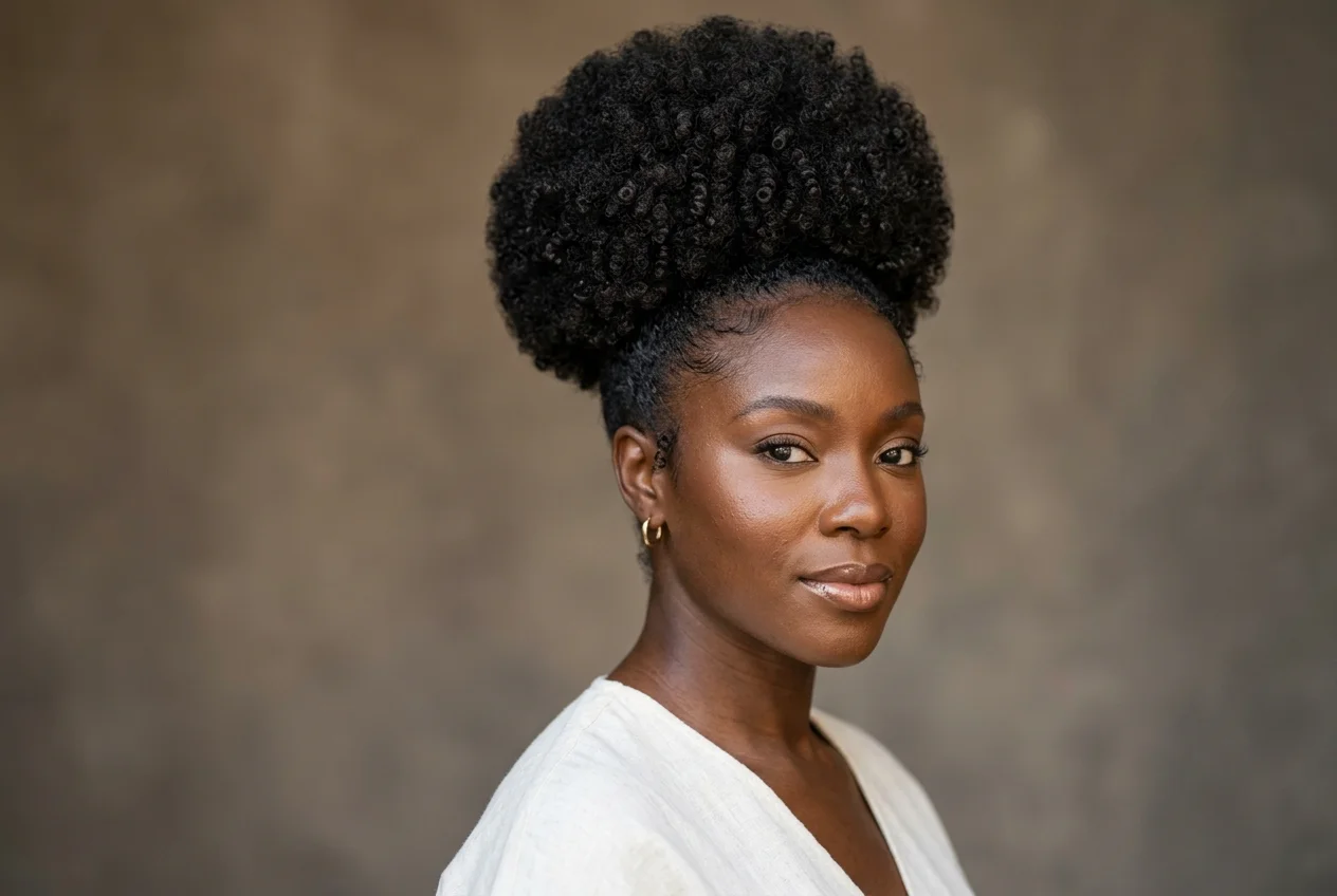 Femme noire portant un puff volumineux réalisé avec ses cheveux afro naturels, sans mèches.