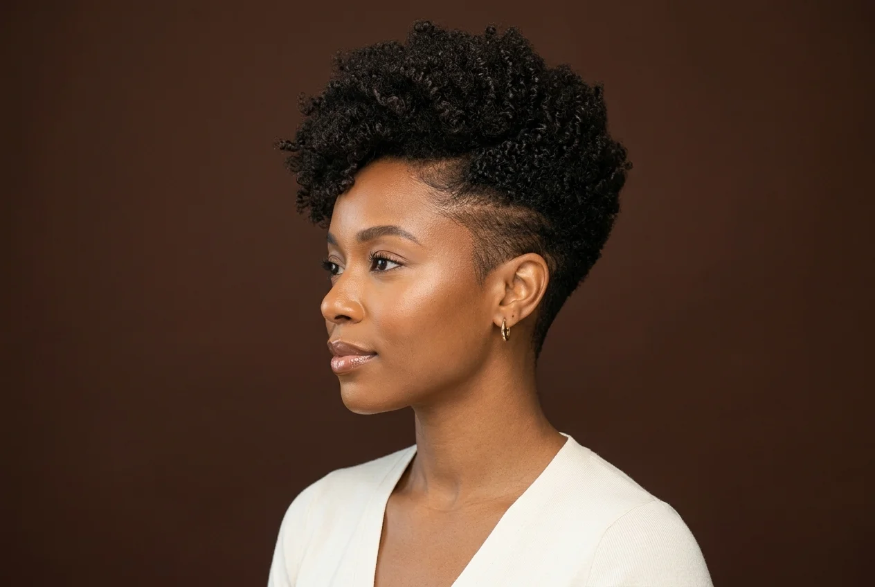 Femme noire portant une coupe tapered afro avec les côtés courts et le dessus texturé.